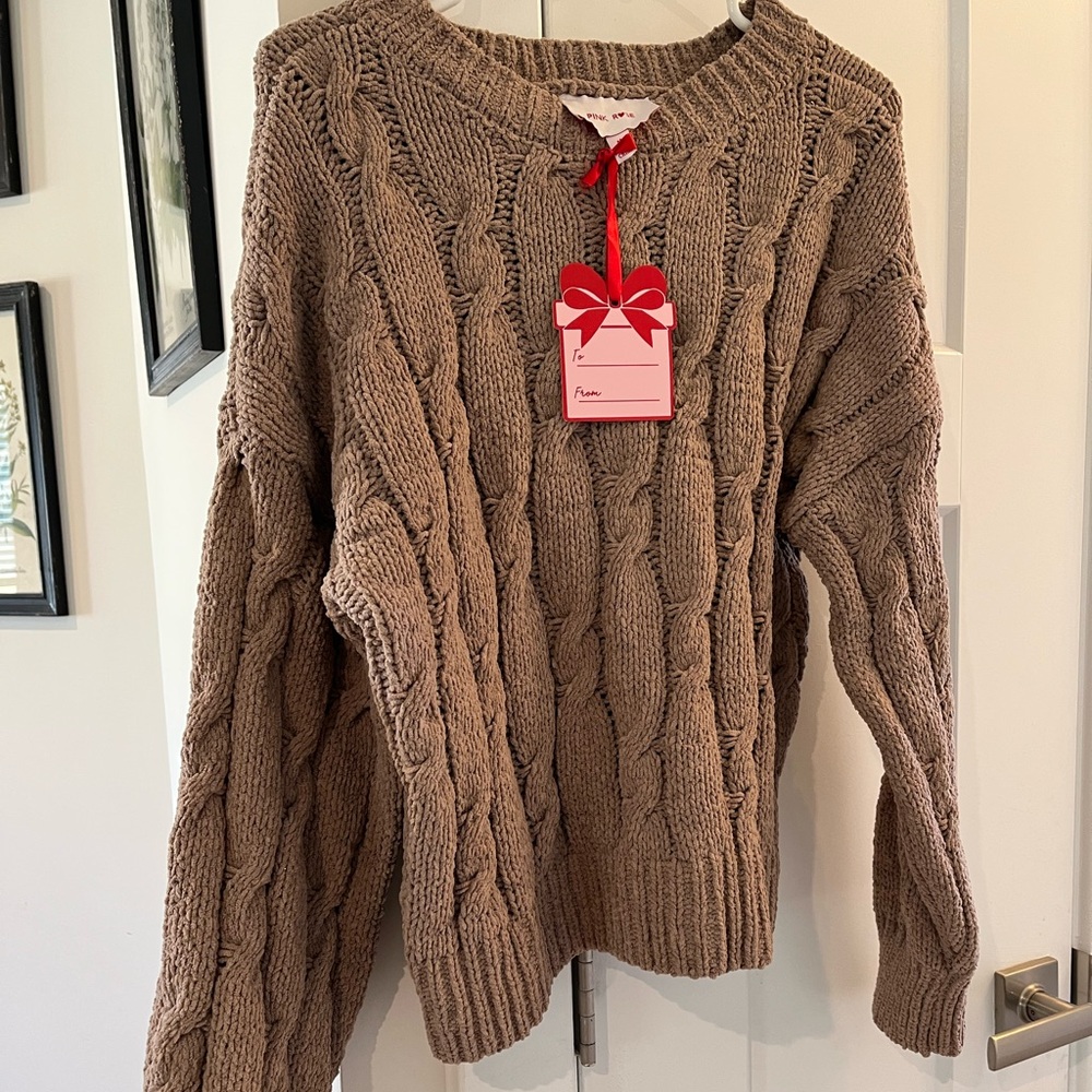Pink Rose Cable Knit Crewneck Sweater in Taupe